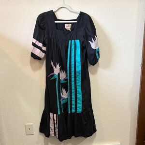 Vintage Ramona Rull Kaftan Dress Black Cotton Bird of Paradise Art Deco 80s